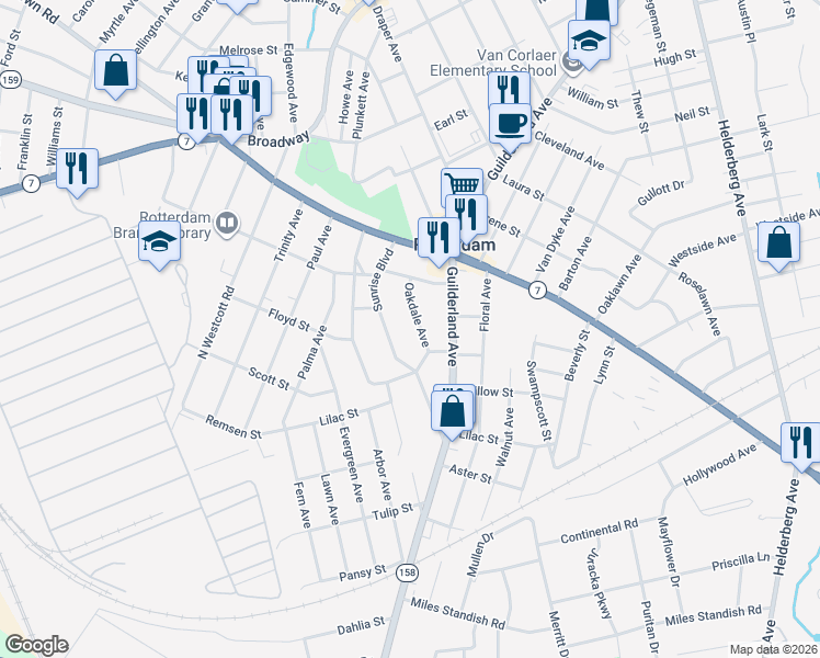 map of restaurants, bars, coffee shops, grocery stores, and more near 84 Oakdale Avenue in Rotterdam