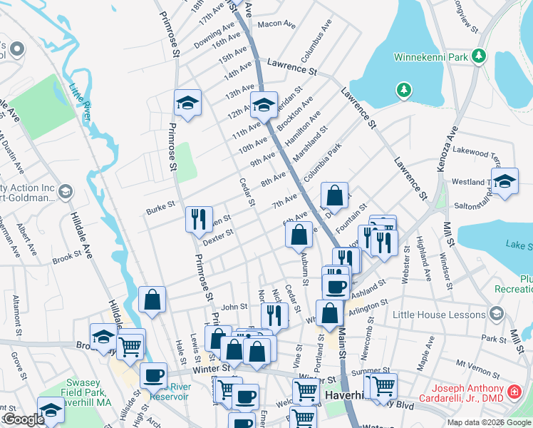 map of restaurants, bars, coffee shops, grocery stores, and more near 34 7th Avenue in Haverhill