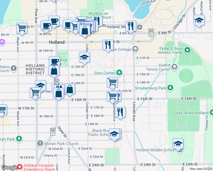 map of restaurants, bars, coffee shops, grocery stores, and more near 130 East 14th Street in Holland