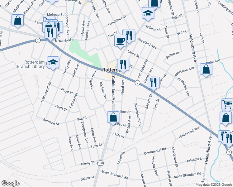 map of restaurants, bars, coffee shops, grocery stores, and more near 2872 New York 158 in Rotterdam