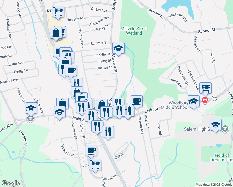map of restaurants, bars, coffee shops, grocery stores, and more near 24 Millville Street in Salem