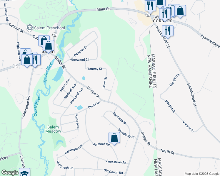 map of restaurants, bars, coffee shops, grocery stores, and more near 8 Stanwood Road in Salem