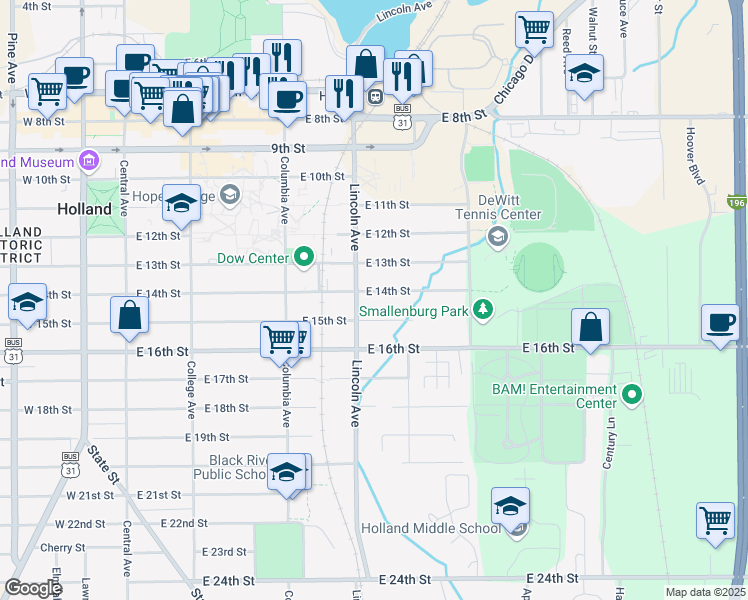 map of restaurants, bars, coffee shops, grocery stores, and more near 345 Lincoln Avenue in Holland