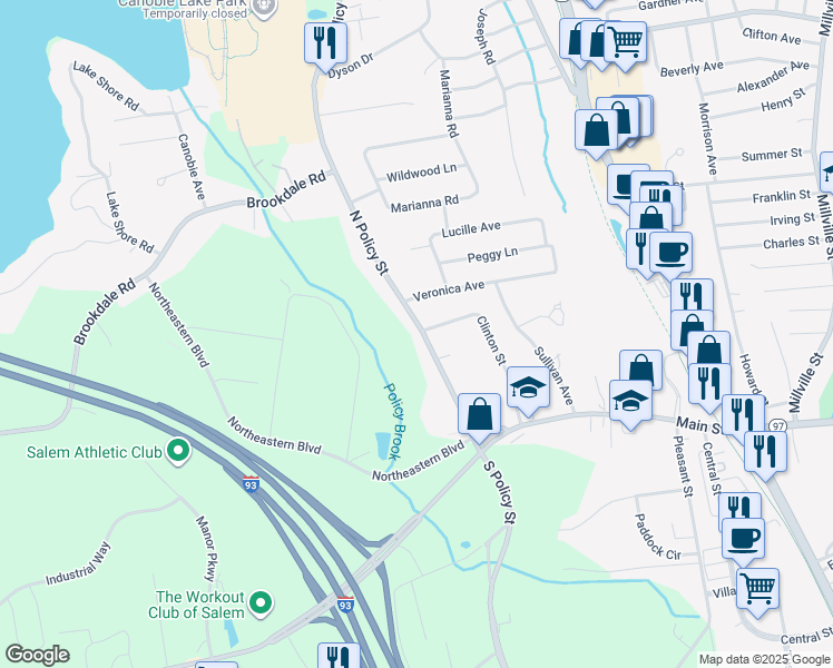 map of restaurants, bars, coffee shops, grocery stores, and more near 25 North Policy Street in Salem