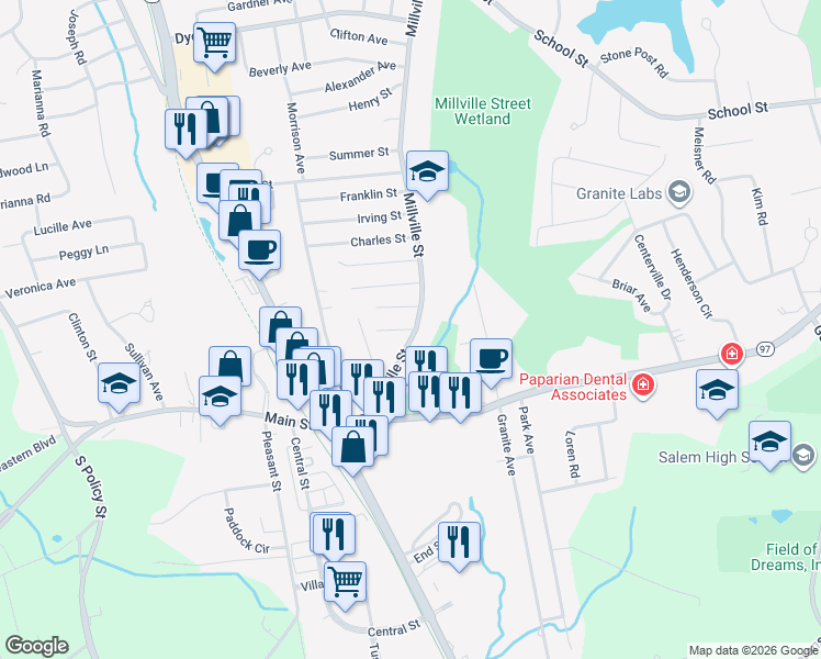 map of restaurants, bars, coffee shops, grocery stores, and more near 3 A Street in Salem