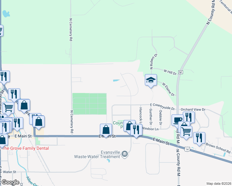 map of restaurants, bars, coffee shops, grocery stores, and more near 228 Genesis Drive in Evansville