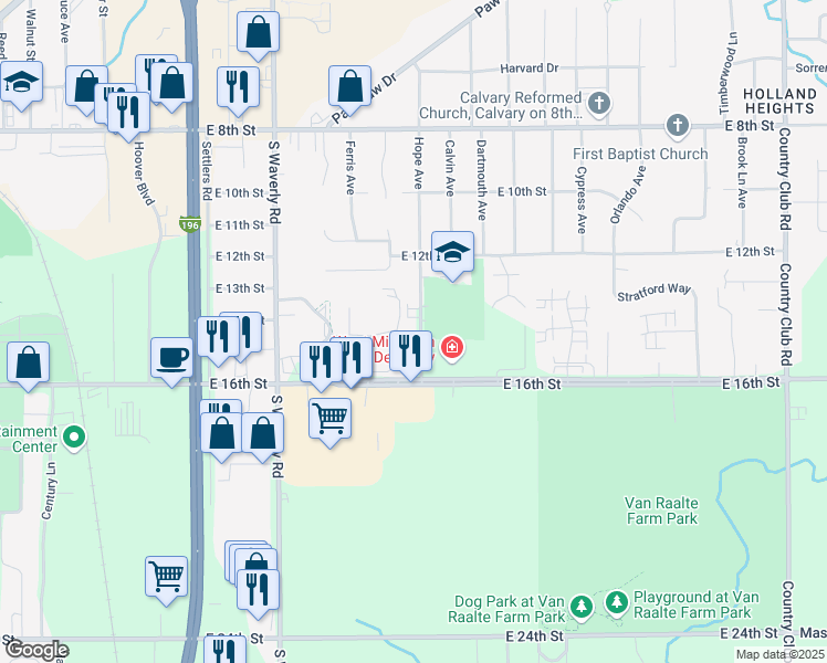 map of restaurants, bars, coffee shops, grocery stores, and more near 350 Hope Avenue in Holland