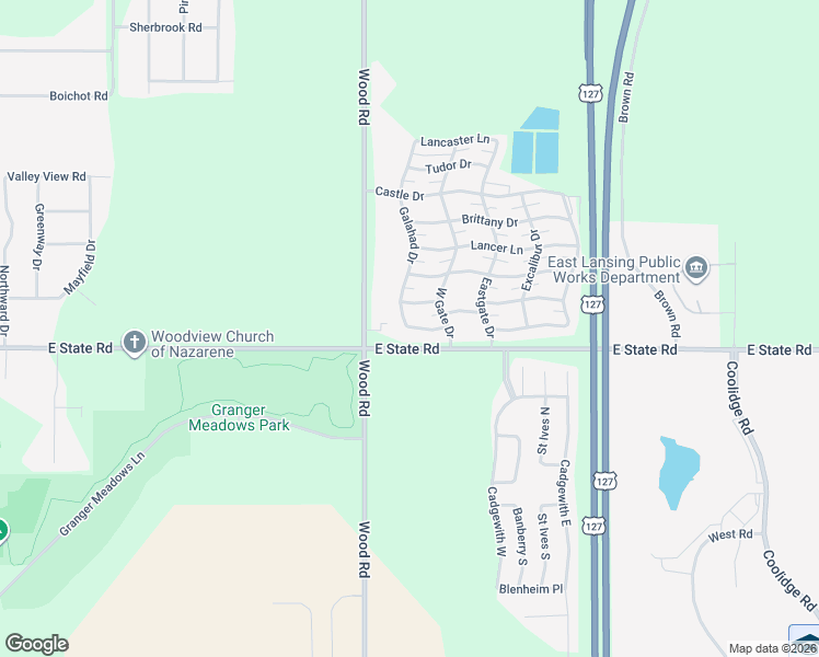 map of restaurants, bars, coffee shops, grocery stores, and more near 2001-2173 East State Road in Lansing