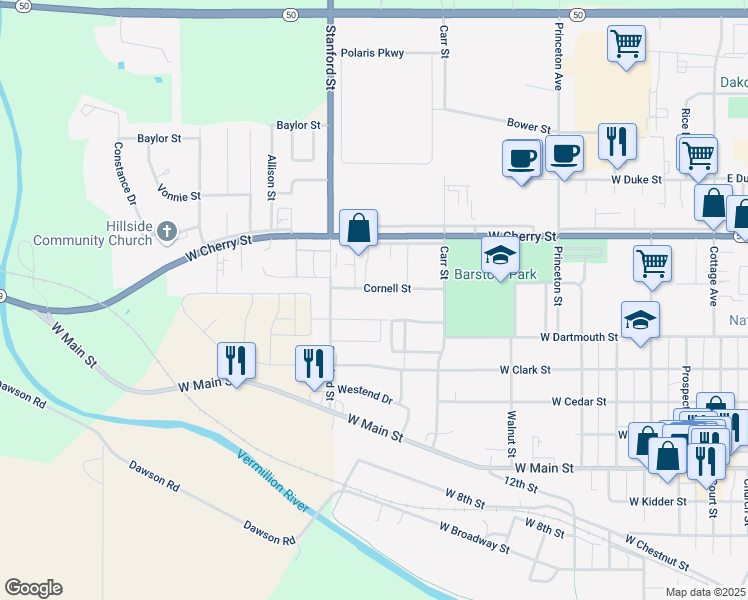 map of restaurants, bars, coffee shops, grocery stores, and more near 1026 Cornell Street in Vermillion