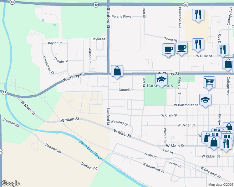 map of restaurants, bars, coffee shops, grocery stores, and more near 483-599 Stanford St in Vermillion