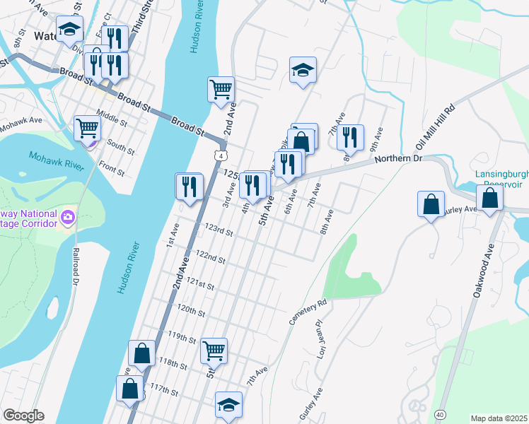 map of restaurants, bars, coffee shops, grocery stores, and more near in Troy