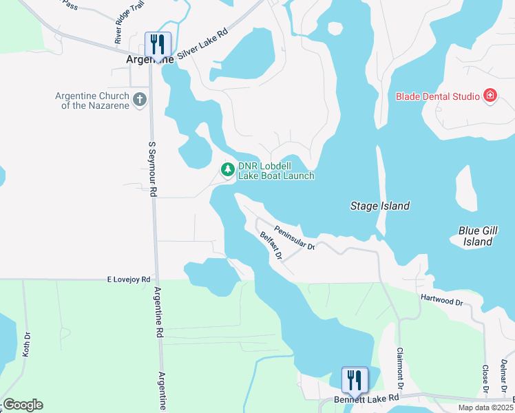 map of restaurants, bars, coffee shops, grocery stores, and more near 8437 Peninsular Drive in Fenton