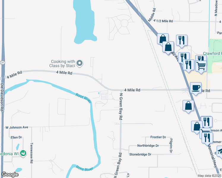 map of restaurants, bars, coffee shops, grocery stores, and more near 3306 4 Mile Road in Racine