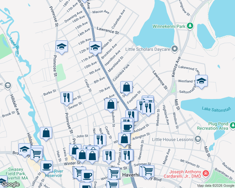 map of restaurants, bars, coffee shops, grocery stores, and more near 404 Main Street in Haverhill