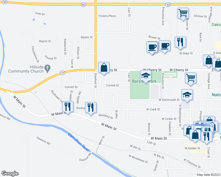 map of restaurants, bars, coffee shops, grocery stores, and more near 1026 Cornell Street in Vermillion