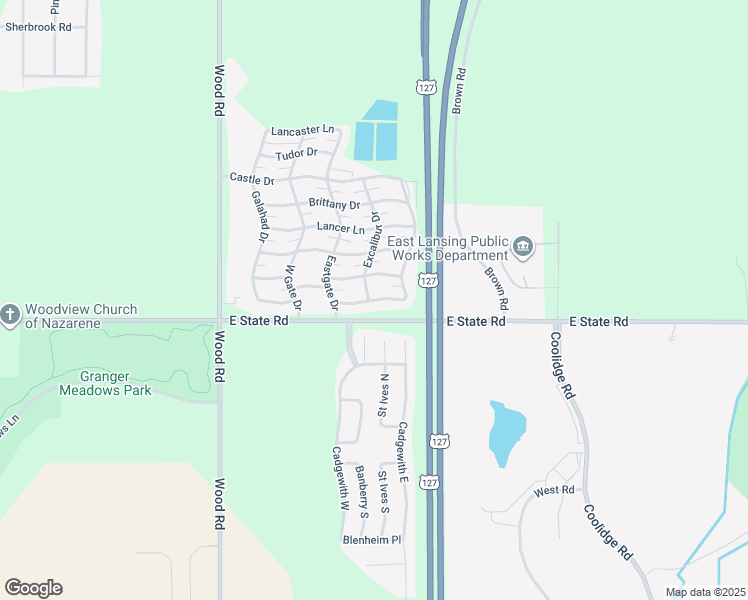 map of restaurants, bars, coffee shops, grocery stores, and more near 100 Saint Ives North in Lansing