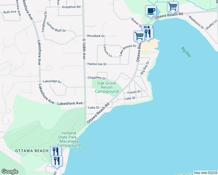 map of restaurants, bars, coffee shops, grocery stores, and more near 2029 Ottawa Beach Road in Holland