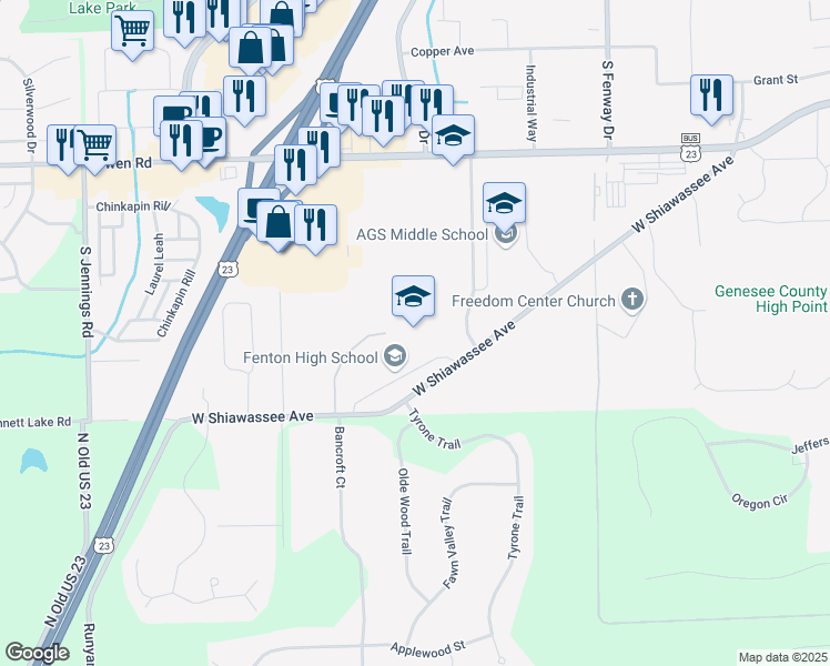 map of restaurants, bars, coffee shops, grocery stores, and more near 3200 West Shiawassee Avenue in Fenton