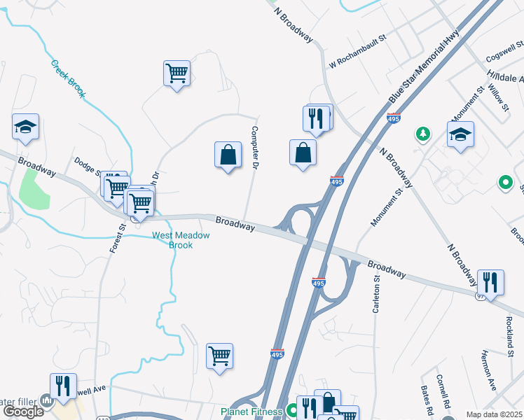 map of restaurants, bars, coffee shops, grocery stores, and more near 501 Broadway in Haverhill