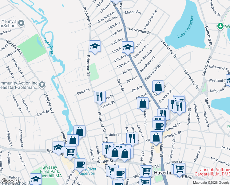 map of restaurants, bars, coffee shops, grocery stores, and more near 12 Garden Street in Haverhill