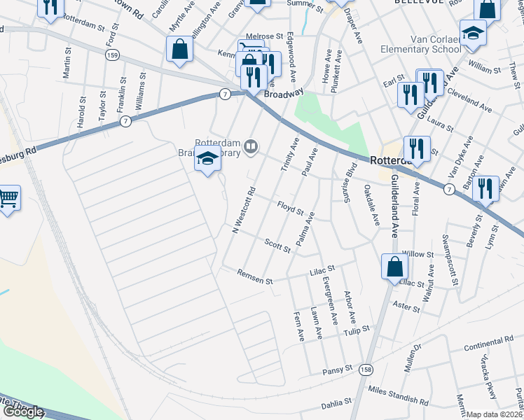 map of restaurants, bars, coffee shops, grocery stores, and more near 1211 Trinity Avenue in Rotterdam