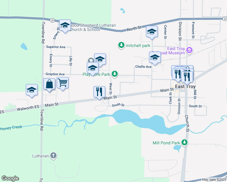 map of restaurants, bars, coffee shops, grocery stores, and more near 3108 Main Street in East Troy