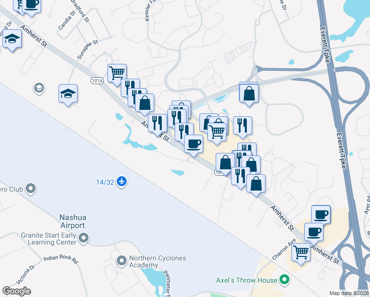 map of restaurants, bars, coffee shops, grocery stores, and more near 377 Amherst Street in Nashua
