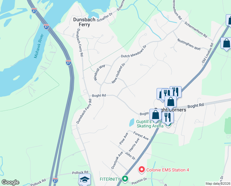 map of restaurants, bars, coffee shops, grocery stores, and more near 2 Bergen Woods Drive in Cohoes