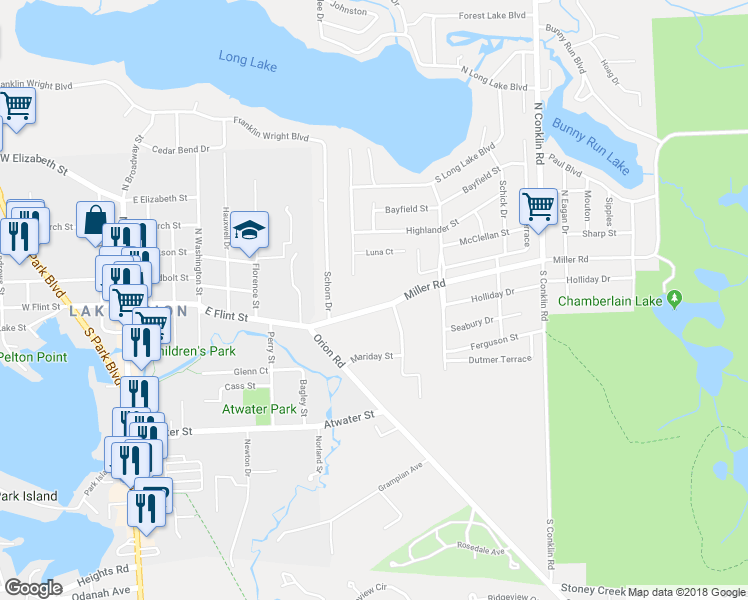 map of restaurants, bars, coffee shops, grocery stores, and more near 725 Miller Road in Orion charter Township