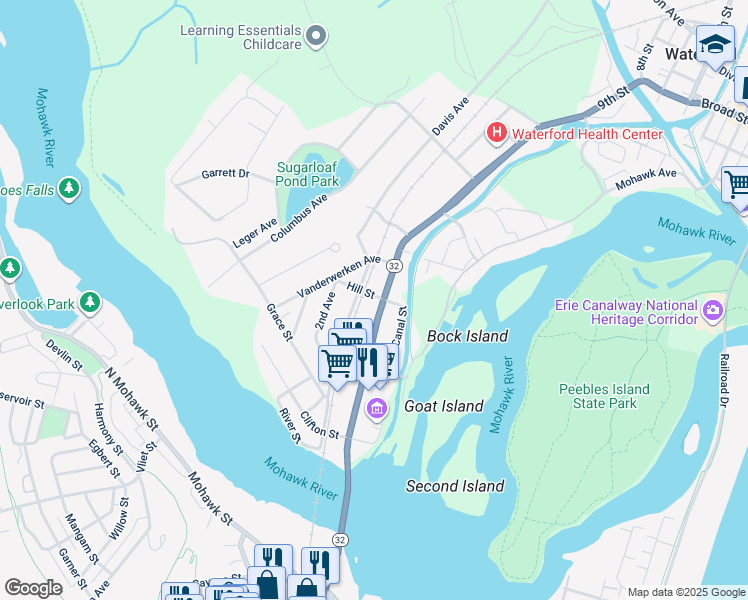 map of restaurants, bars, coffee shops, grocery stores, and more near 74 Saratoga Avenue in Waterford