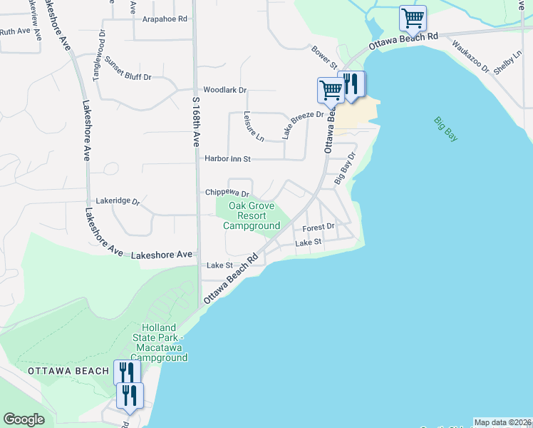 map of restaurants, bars, coffee shops, grocery stores, and more near 2029 Ottawa Beach Road in Holland