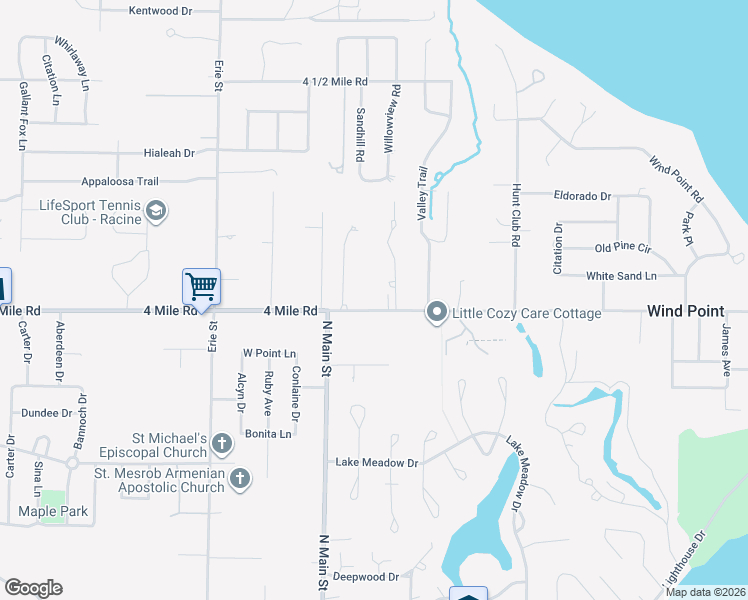 map of restaurants, bars, coffee shops, grocery stores, and more near 242 4 Mile Road in Racine