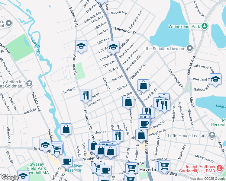 map of restaurants, bars, coffee shops, grocery stores, and more near 34 7th Avenue in Haverhill