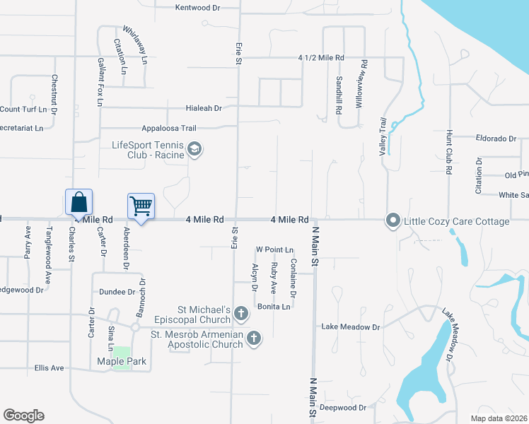 map of restaurants, bars, coffee shops, grocery stores, and more near 506 4 Mile Road in Racine