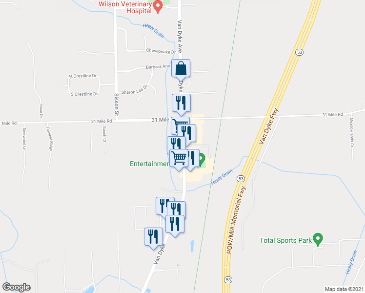map of restaurants, bars, coffee shops, grocery stores, and more near 66540 Van Dyke in Washington