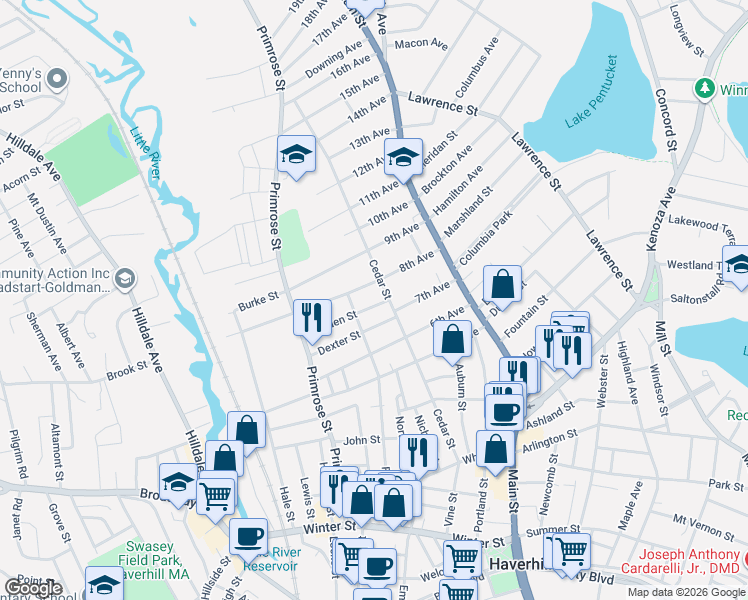 map of restaurants, bars, coffee shops, grocery stores, and more near 12 Garden Street in Haverhill