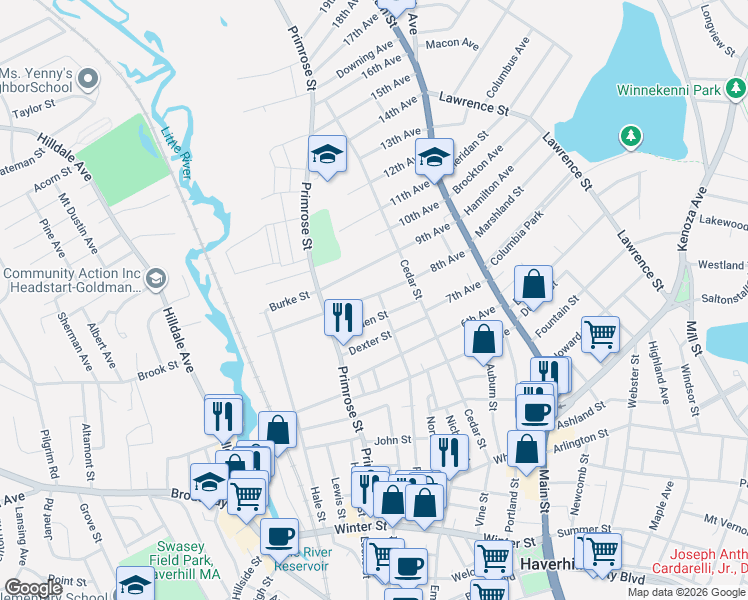 map of restaurants, bars, coffee shops, grocery stores, and more near 37 Garden Street in Haverhill