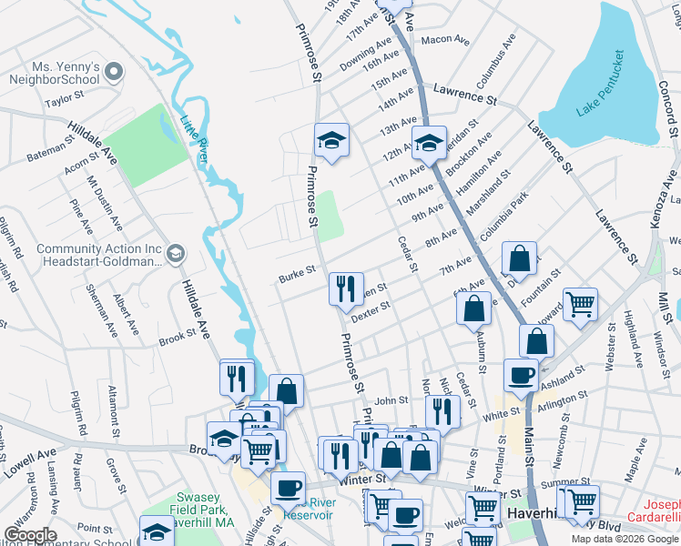map of restaurants, bars, coffee shops, grocery stores, and more near 291 Primrose Street in Haverhill
