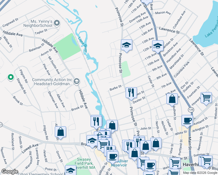 map of restaurants, bars, coffee shops, grocery stores, and more near 29 Burke Street in Haverhill
