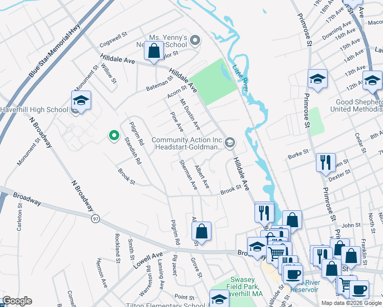 map of restaurants, bars, coffee shops, grocery stores, and more near 52 Greenough Street in Haverhill