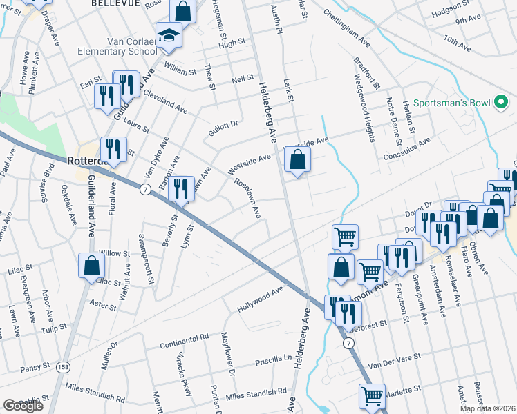 map of restaurants, bars, coffee shops, grocery stores, and more near 1660 Roselawn Avenue in Rotterdam