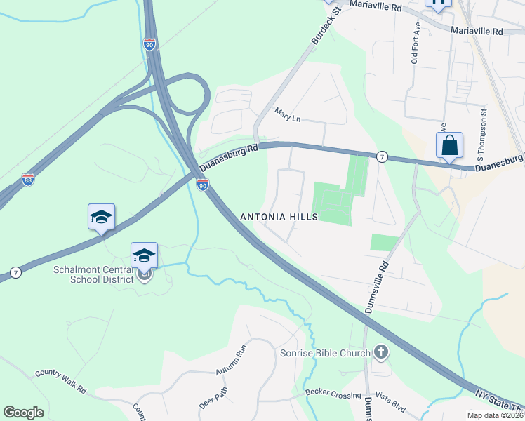 map of restaurants, bars, coffee shops, grocery stores, and more near 3027 Kirvin Lane in Schenectady