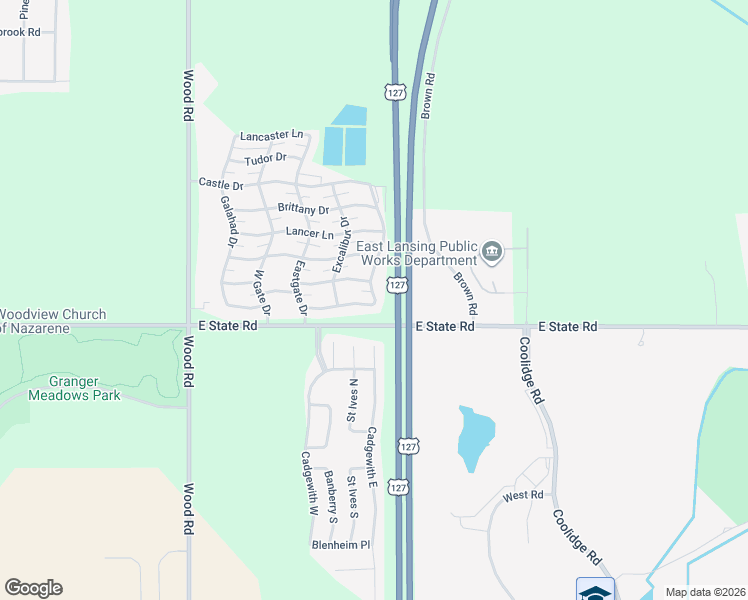 map of restaurants, bars, coffee shops, grocery stores, and more near U.S. 127 in Lansing