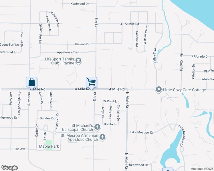 map of restaurants, bars, coffee shops, grocery stores, and more near 506 4 Mile Road in Racine