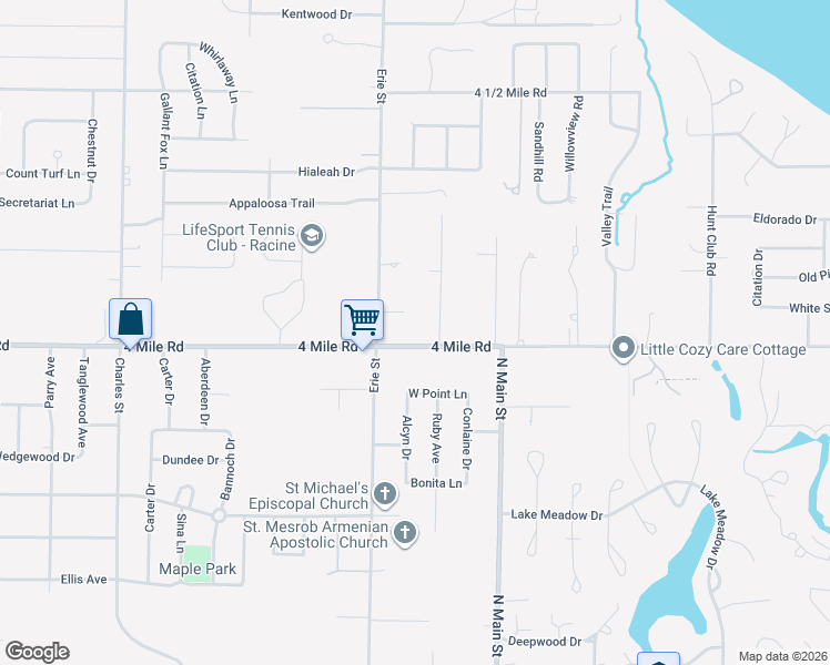 map of restaurants, bars, coffee shops, grocery stores, and more near 506 4 Mile Road in Racine