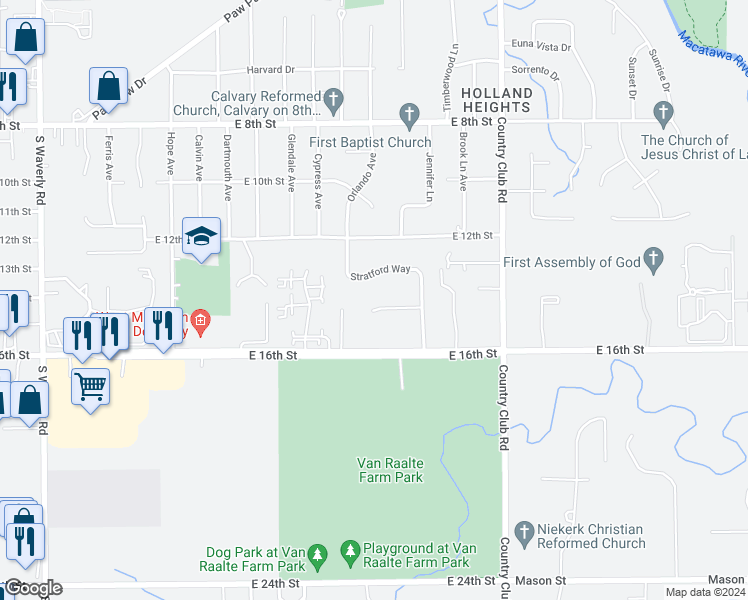 map of restaurants, bars, coffee shops, grocery stores, and more near 1031 Abbey Court in Holland