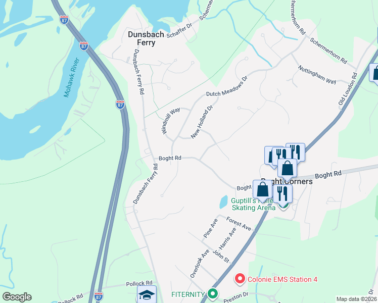 map of restaurants, bars, coffee shops, grocery stores, and more near 2 Bergen Woods Drive in Cohoes