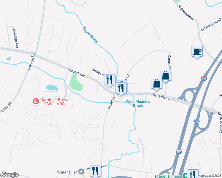 map of restaurants, bars, coffee shops, grocery stores, and more near 653 Broadway in Haverhill