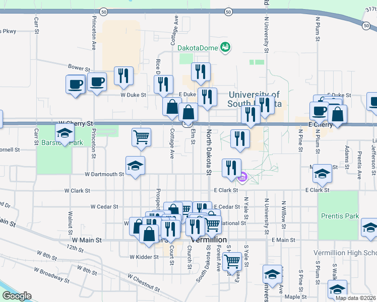 map of restaurants, bars, coffee shops, grocery stores, and more near 530 Elm Street in Vermillion