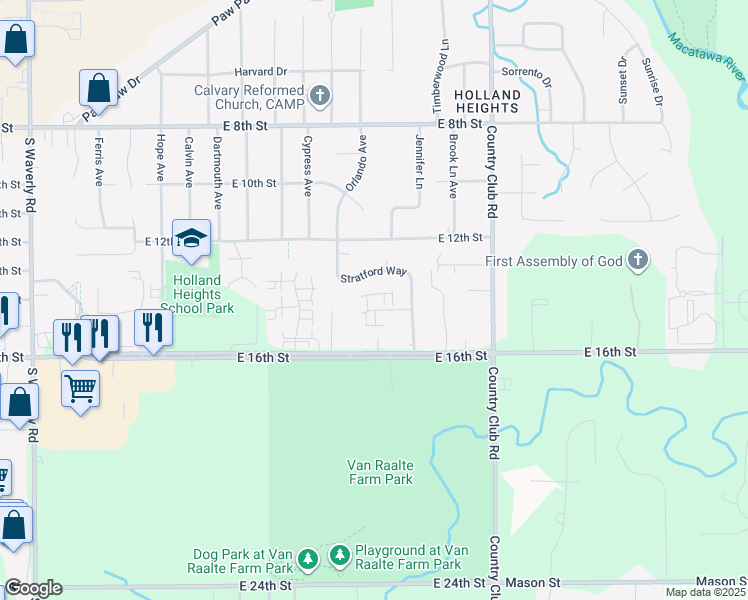 map of restaurants, bars, coffee shops, grocery stores, and more near 1048 Abbey Court in Holland